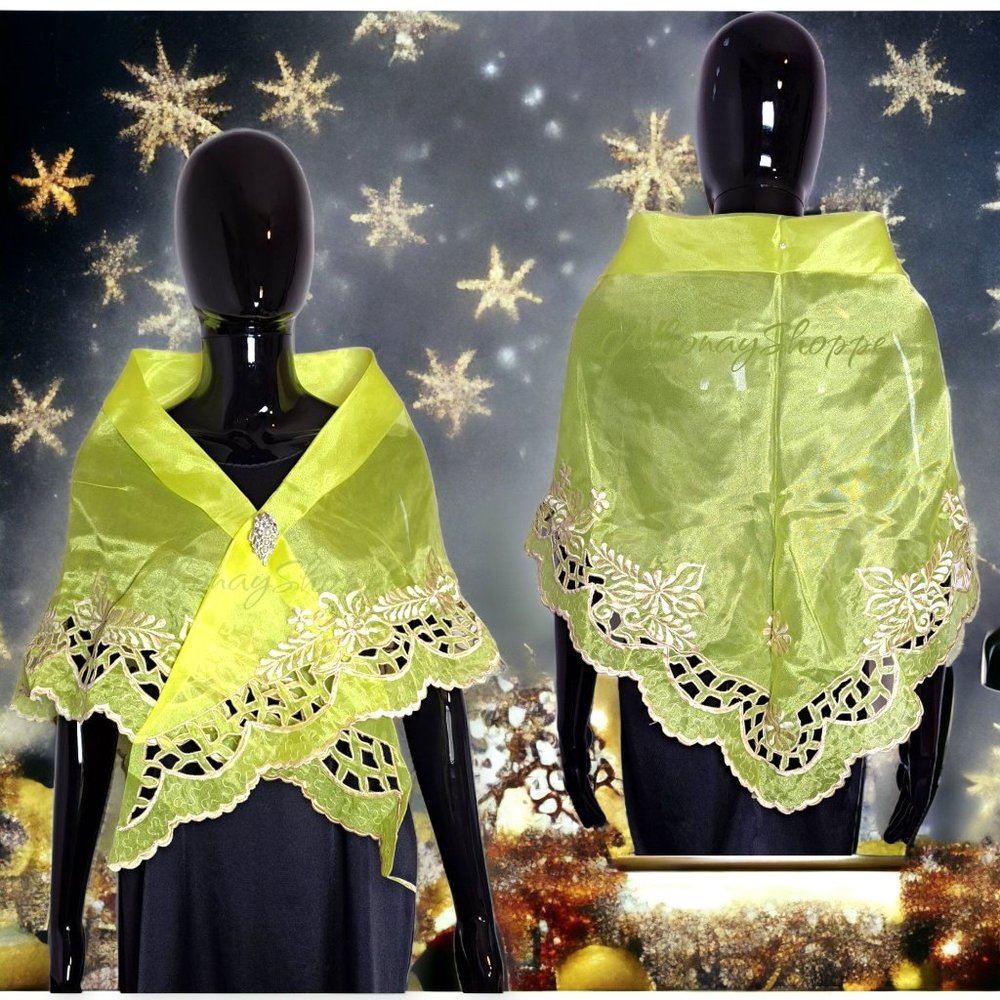 Yellow-Handmade Filipino Alampay Shawl – Organza Cutwork Embroidery w/ Brooch